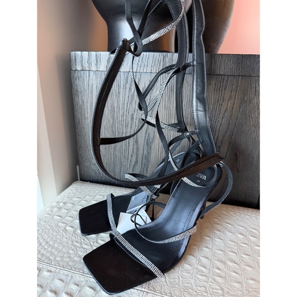 Zara Black Rhinestone Square Toe High Heel Lace Up Gladiator Sandals US 8 NWT - Picture 7 of 14